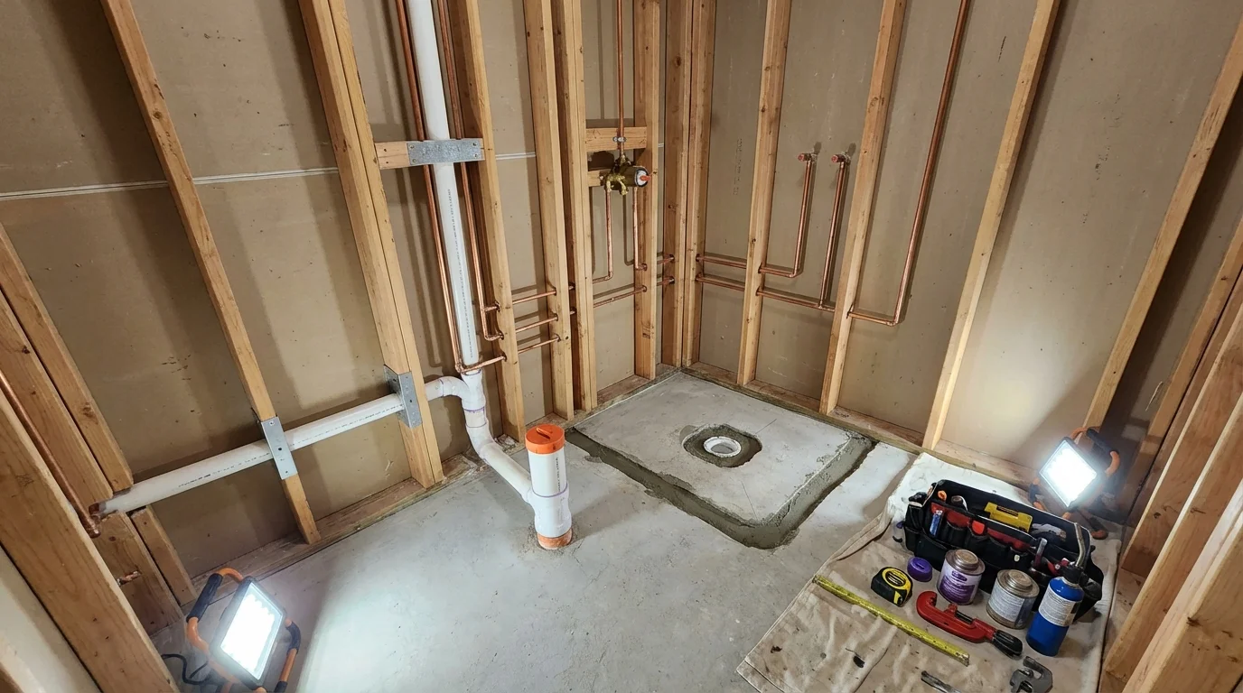 Bathroom rough-in plumbing during remodel by Johns Plumbing LLC in Mifflintown