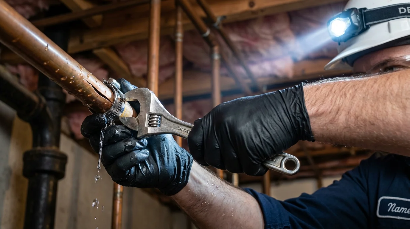 Emergency pipe clamp repair being performed by a Johns Plumbing LLC plumber in Mifflintown