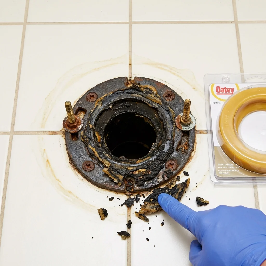 Failed wax ring showing water seepage at the base of a toilet in a Mifflintown, PA home