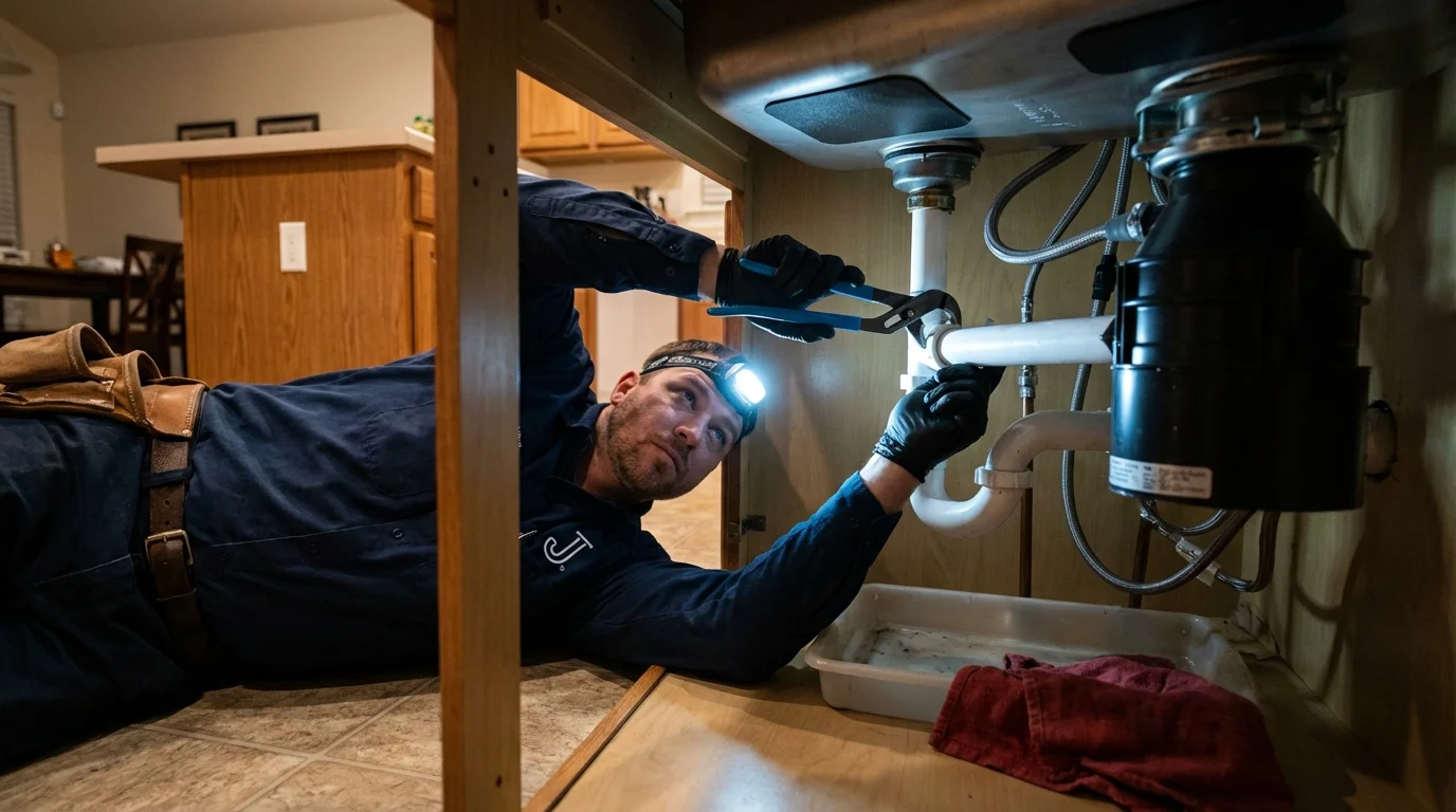 P-trap and supply line connections under a kitchen sink showing a common leak point in Mifflintown, PA